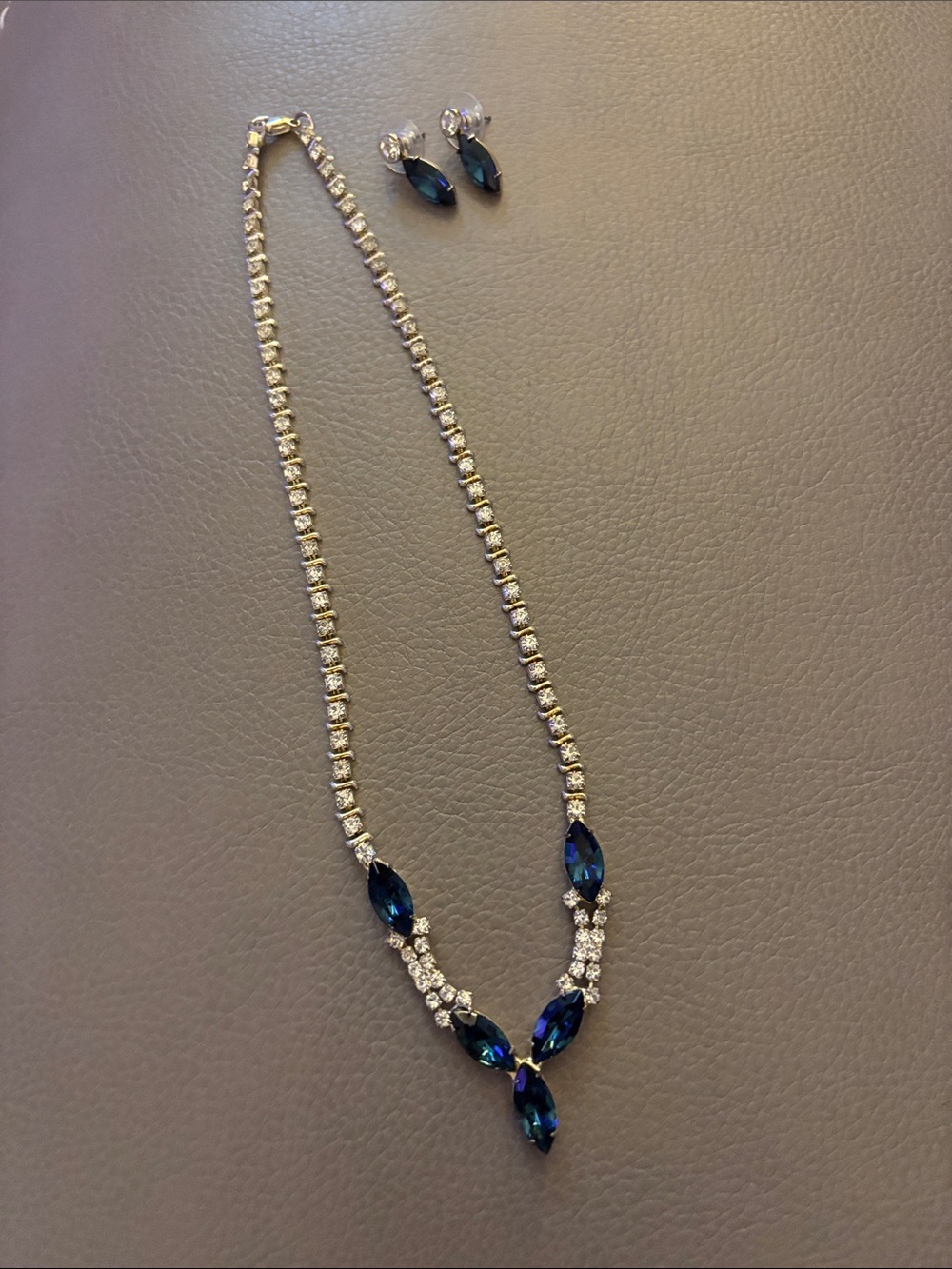 Elegant Blue Crystal Tennis Necklace and Earrings Set Costume Jewelry